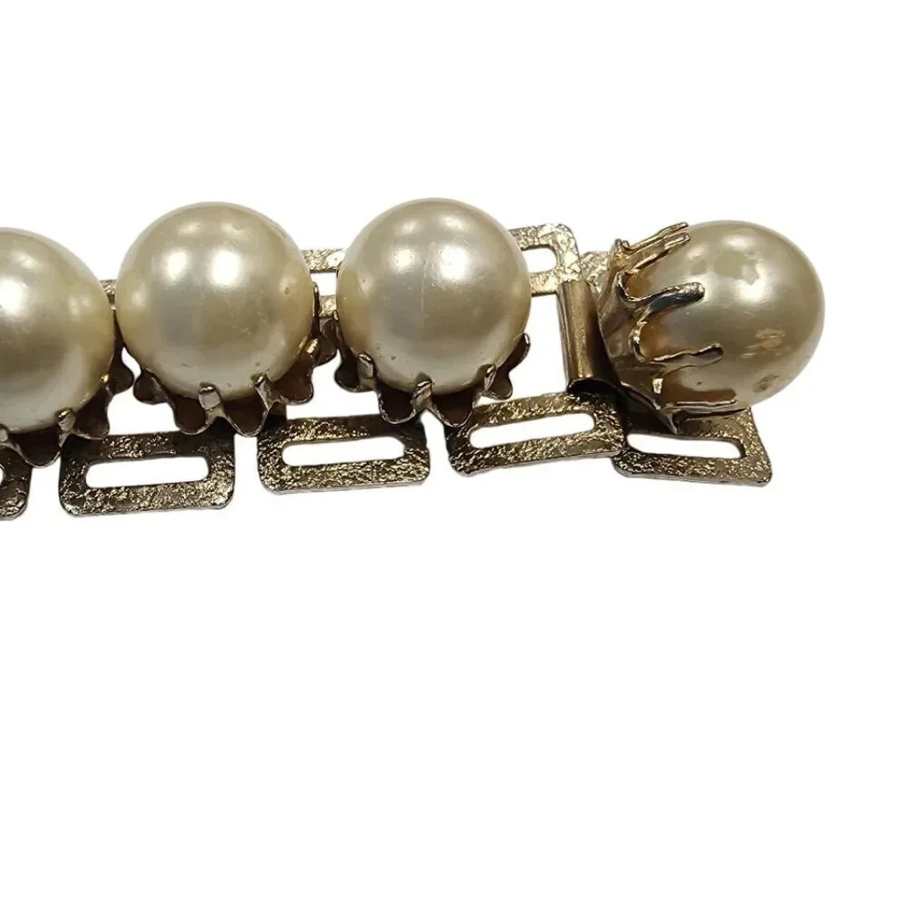 Vintage Faux Pearl Beaded Link Bangle Bracelet Gold Tone Box Clasp - Picture 4 of 5